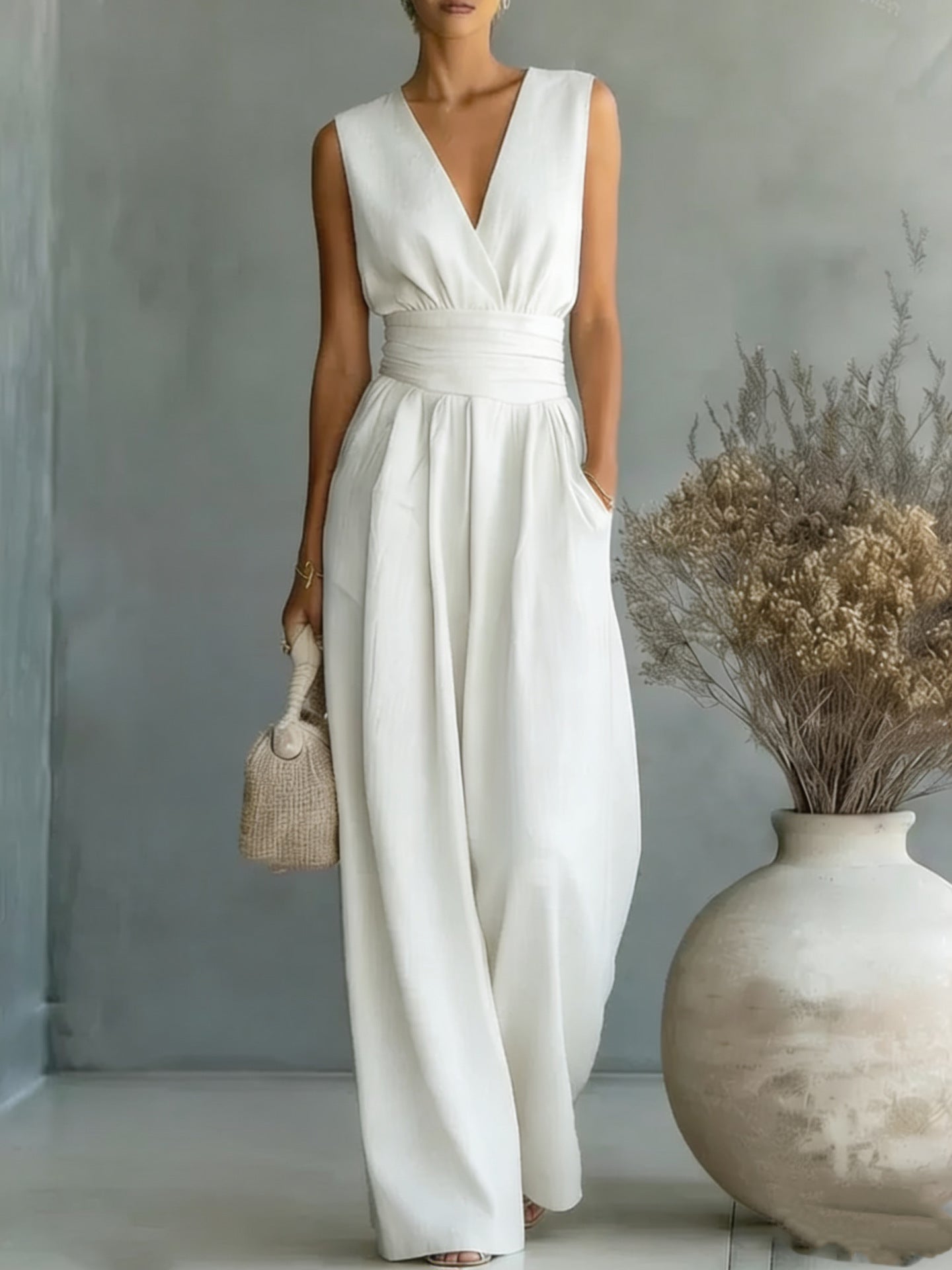 V-neck style women's one-piece pants