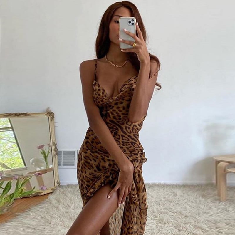Leopard Print Lace-Up Bodycon Long Dress for Women