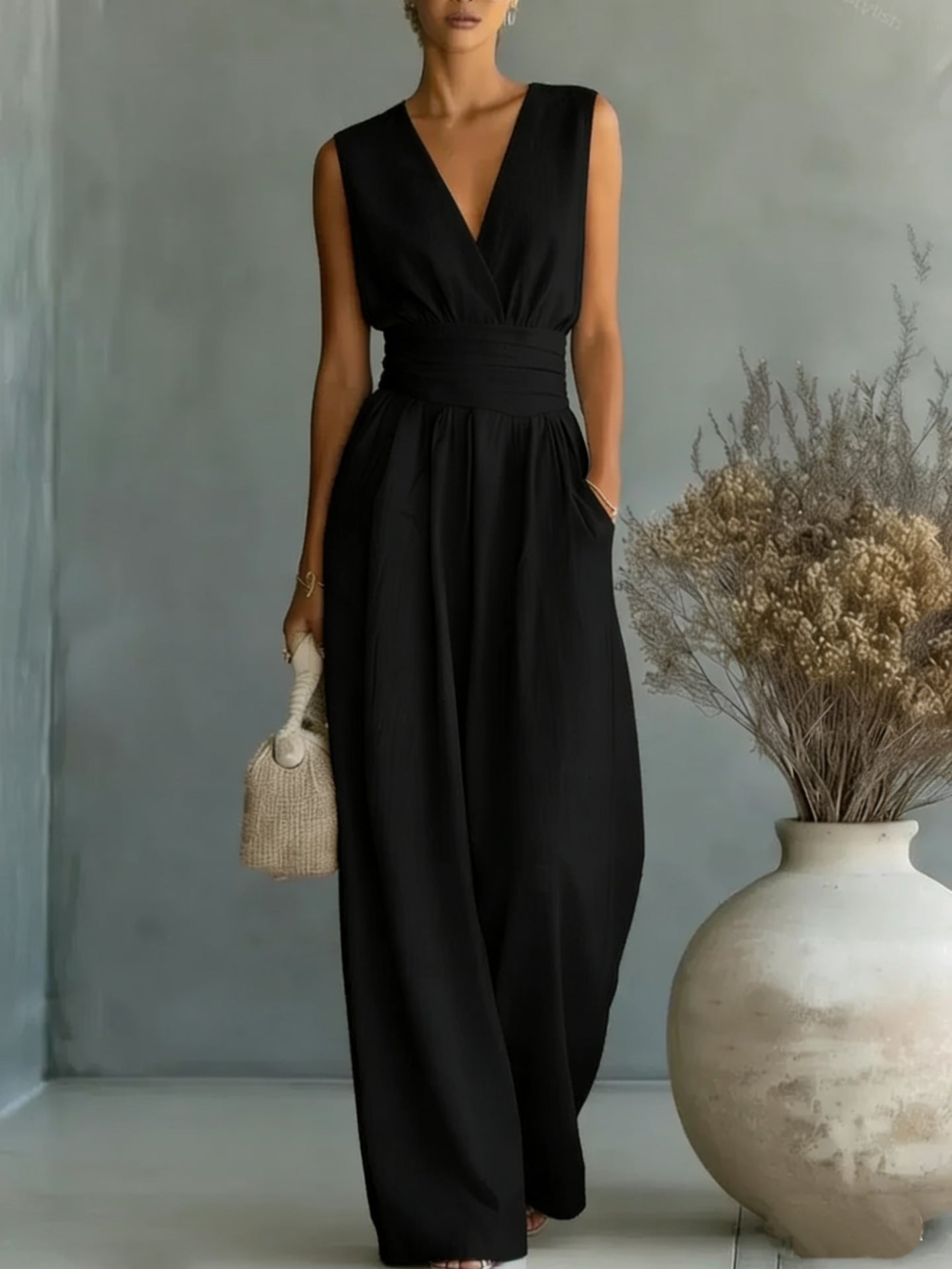 V-neck style women's one-piece pants