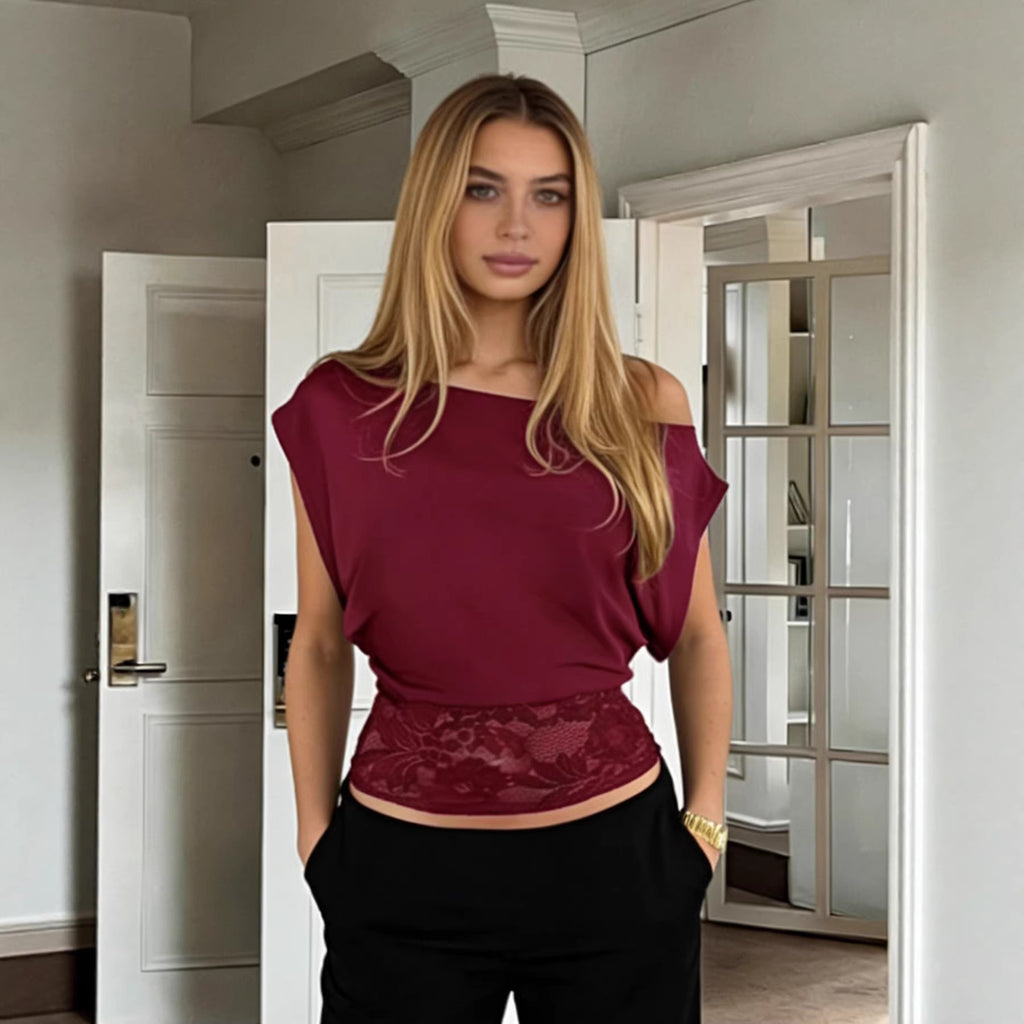 Off-Shoulder Lace Patchwork Waist-Cinching Top