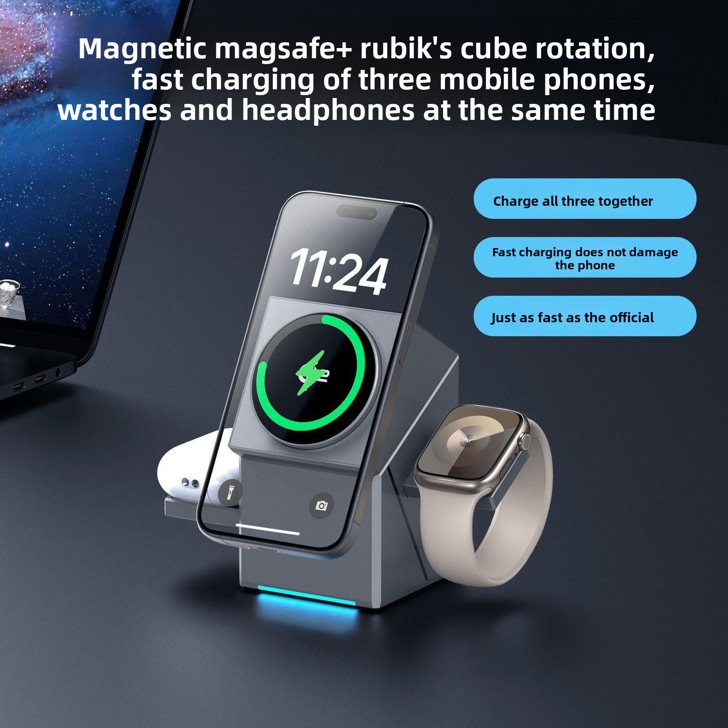 R28 Rotating Wireless Charger Stand for Phone Earphone Watch