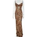 Leopard Print Lace-Up Bodycon Long Dress for Women