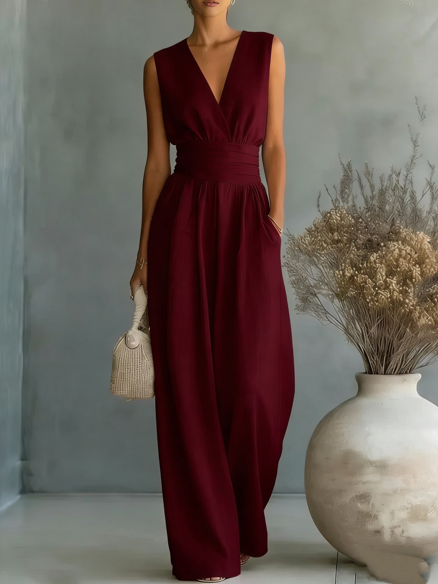 V-neck style women's one-piece pants