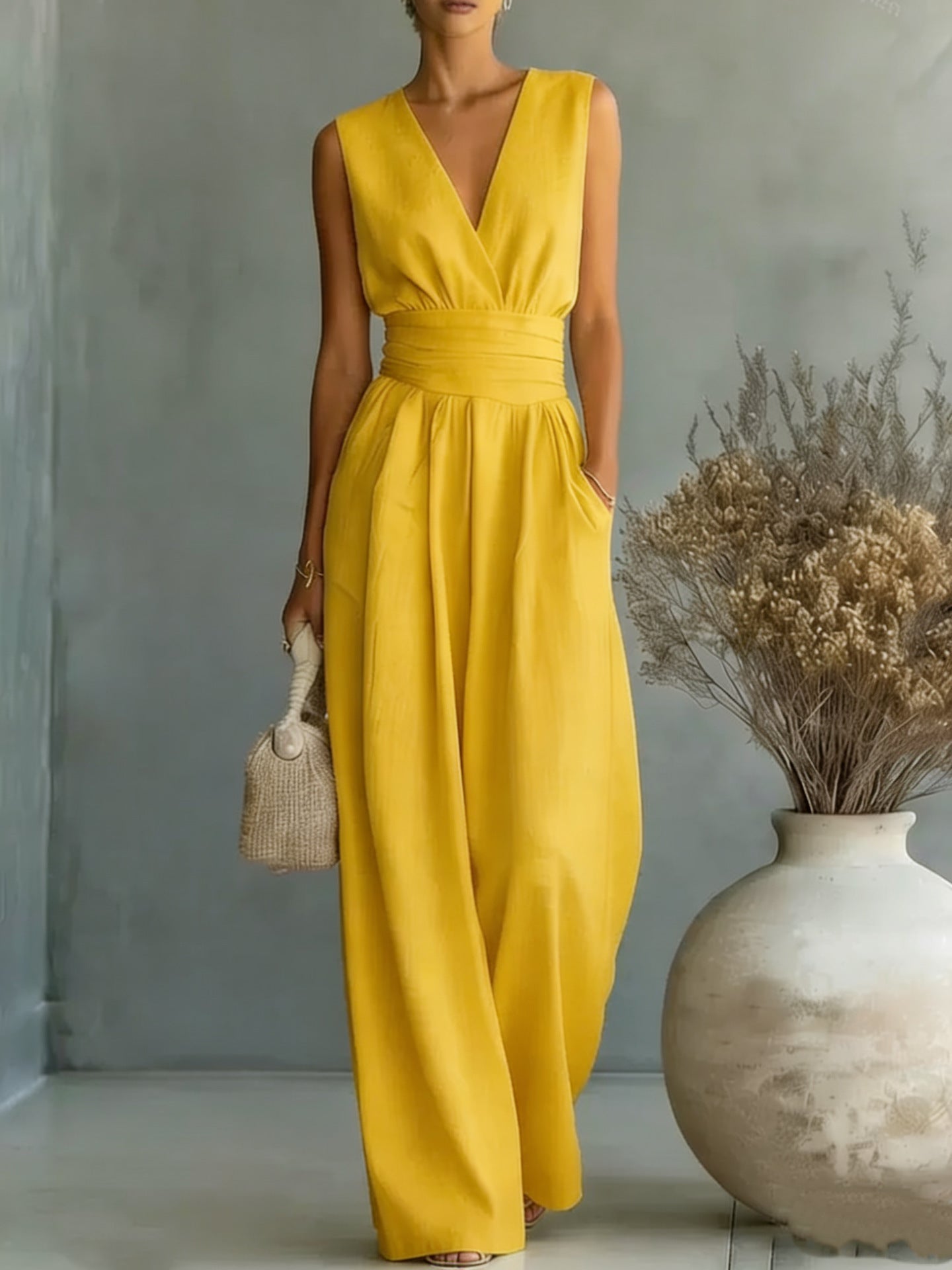 V-neck style women's one-piece pants