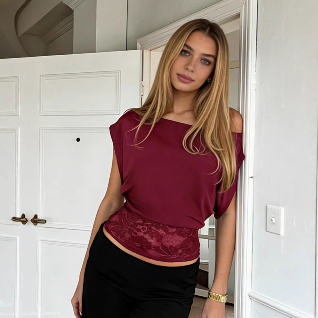 Off-Shoulder Lace Patchwork Waist-Cinching Top