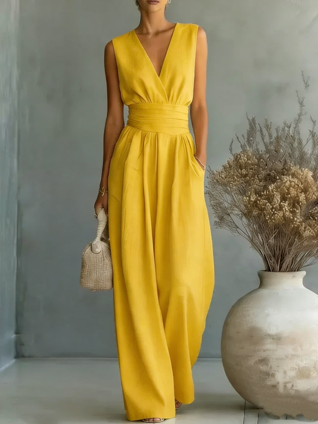 V-neck style women's one-piece pants