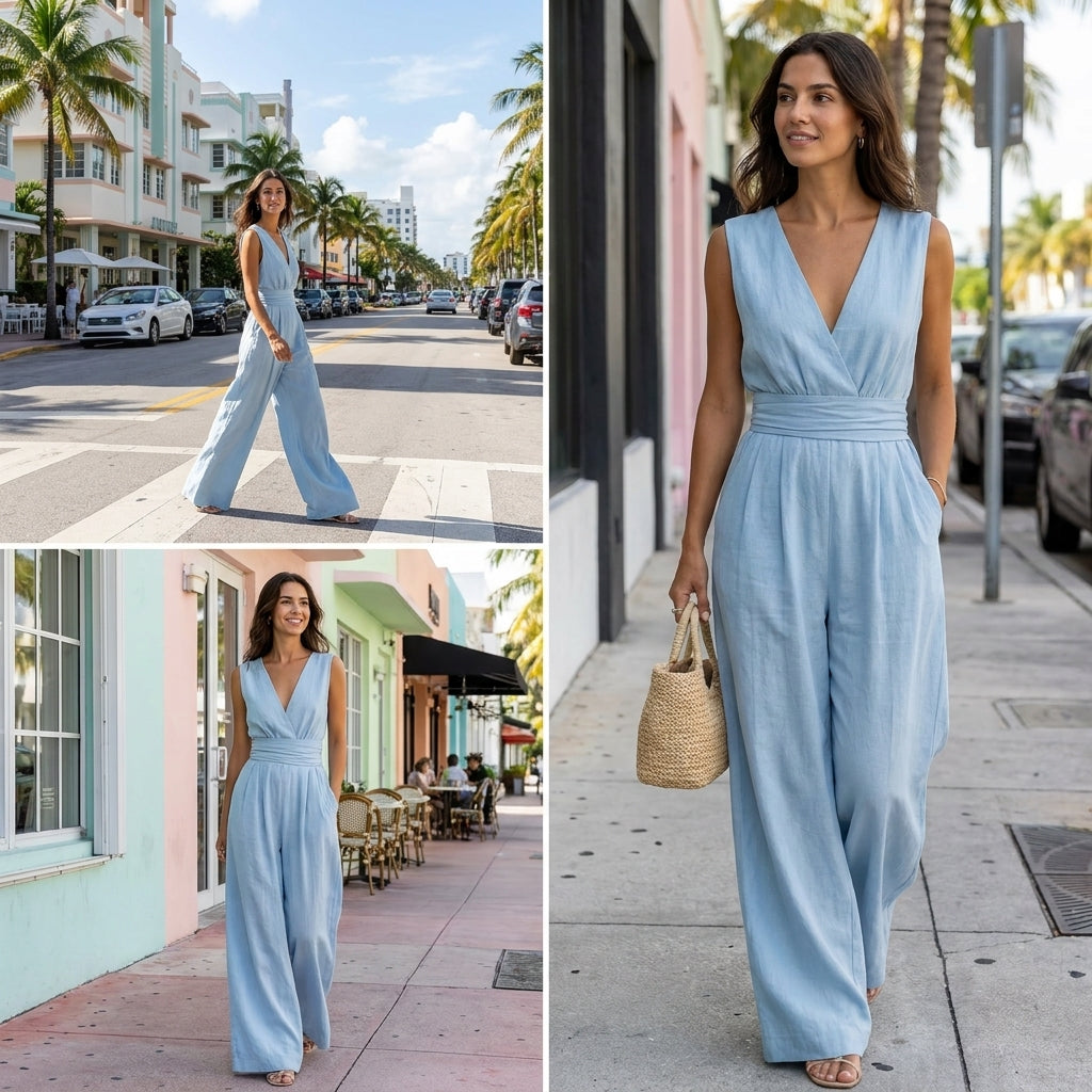 V-neck style women's one-piece pants